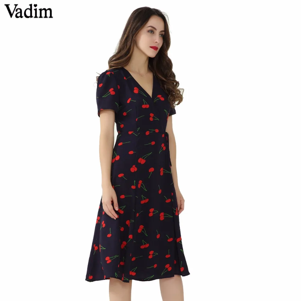 Vadim, винтажное платье миди с v-образным вырезом и цветочным узором, платье вишневого цвета, платье с бантом и перекрестным дизайном, платье с коротким рукавом в стиле ретро, vestido mujer QZ3506