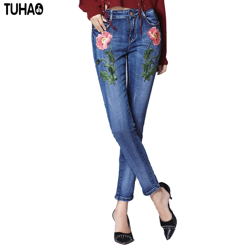 

TUHAO 2018 Spring winter Floral Embroidery Jeans Women Elastic Flower Jeans Female Pattern Femme Pencil Denim Pants SC23