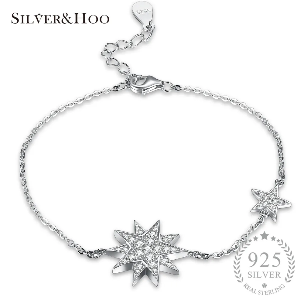 

SILVERHOO Luxury Star Zircon Chain Flower Bracelets for Women Charm Bangles Bride Wedding Jewelry 925 Sterling Silver