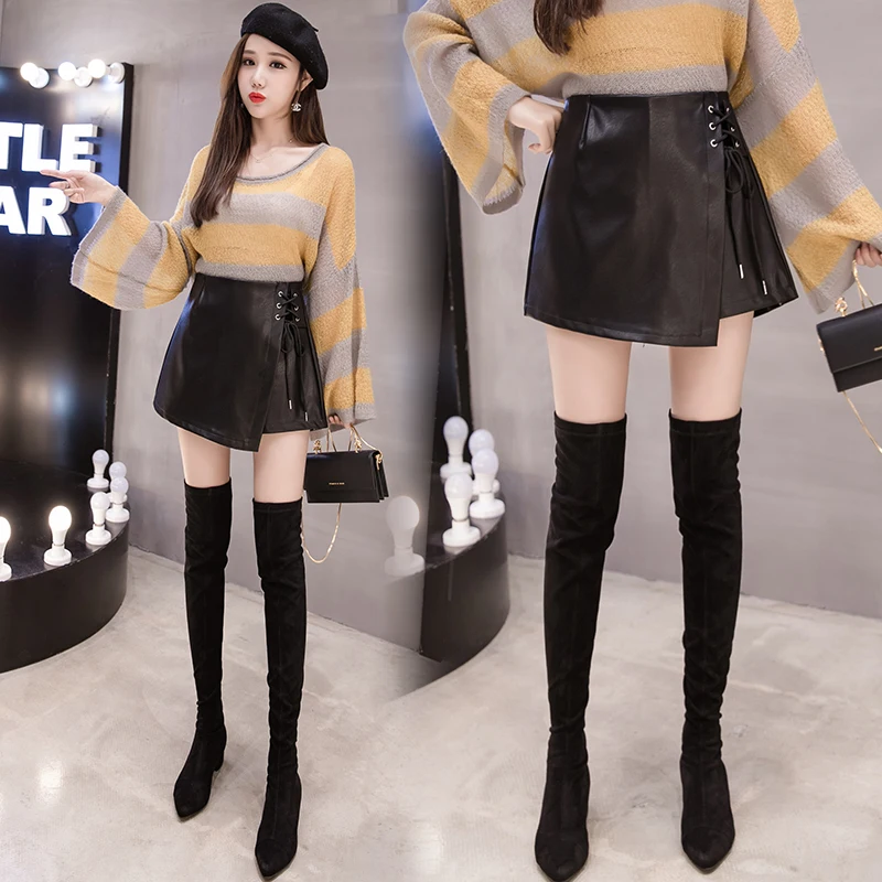 Женская кожаная юбка faldas mujer moda 2019 мини на шнуровке однотонная трапециевидная