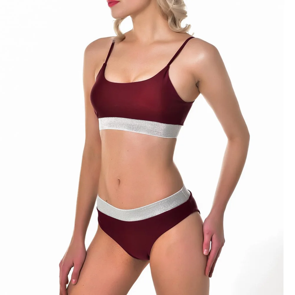 

Women Summer Solid Bikini Crop Top with Pants Backless Middle Waist Bathing Suit ED-shipping