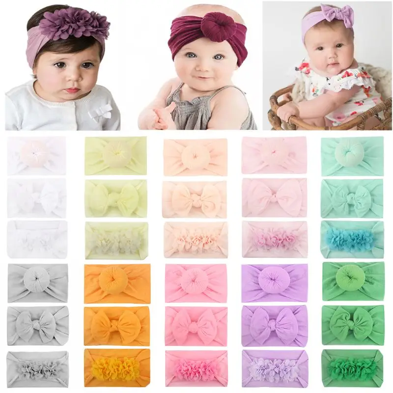 

3 Pcs/set New Super Soft Nylon Baby Hair Accessories Donut Bow Chiffon Flower Children Kids Jewelry Hairband