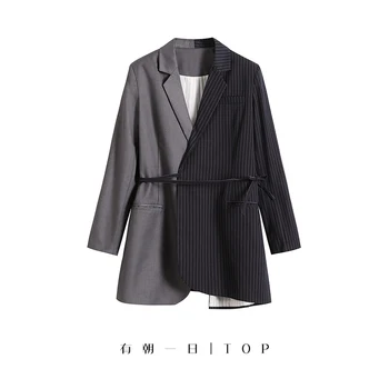 

2019 Spring and Autumn Casual Asymmetrical Suit Jacket Elegant Women Jaket Women High Street Sashes Striped V-Neck Jaket