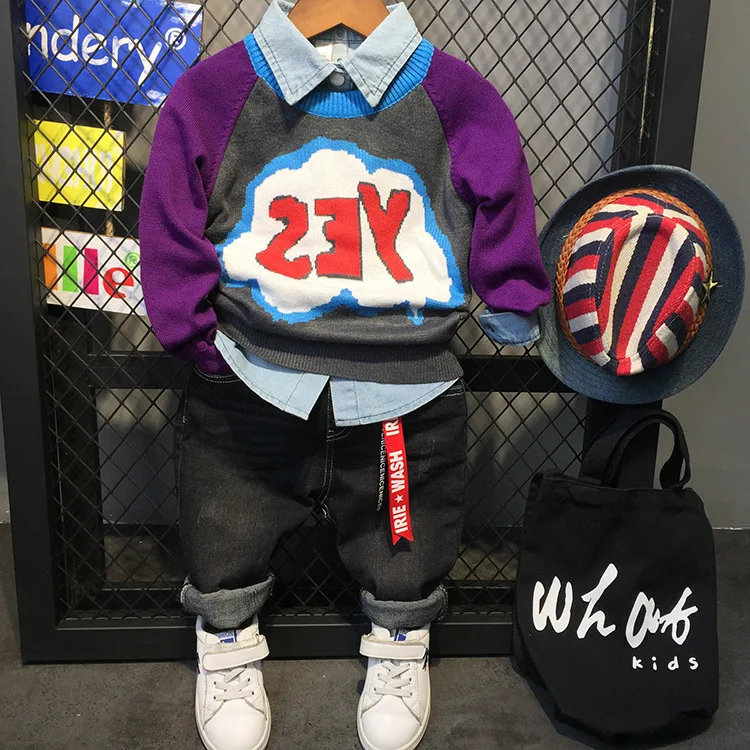 

3pcs boys casual autumn clothing set kids patchwork letter pattern sweater blue shirt and black jean set baby fashion clothes