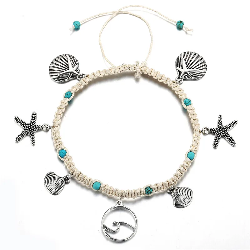 Набор ножных браслетов в богемном стиле с подвеской в виде морской звезды серебряного цвета, винтажный браслет ручной работы для женщин