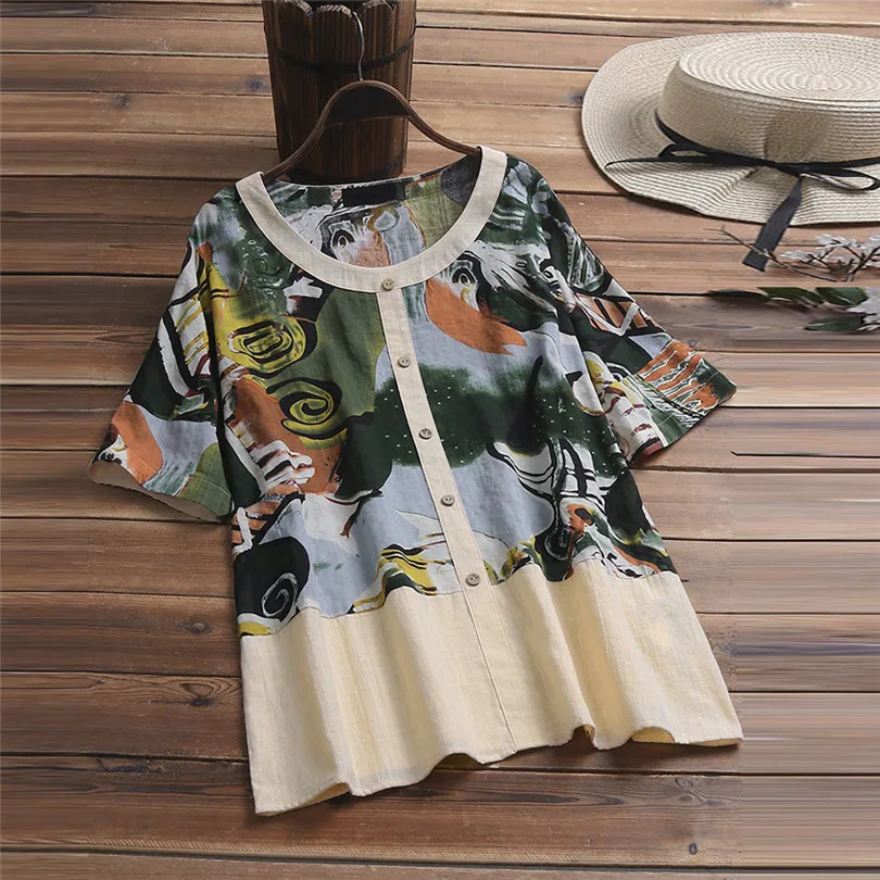 New Women Fashion Summer Vintage O-Neck Art Printing Casual Daily Half Sleeve Button Cotton Top  Blouse Tops #4A25 (5)