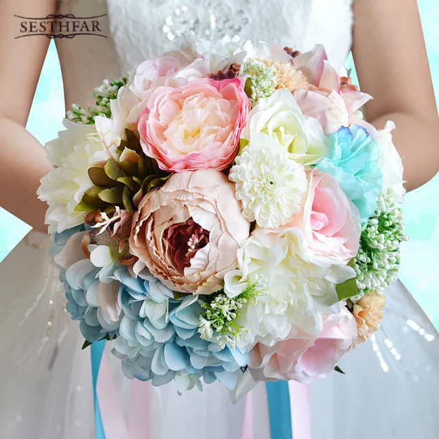 Vintage Artificial Peonies Rose Bridal Bouquet Ribbon Buque Noiva Vintage Artificial Peonies Rose Bridal Bouquet Ribbon Buque Noiva Branco Pink Bridesmaid Wedding Silk Flowers