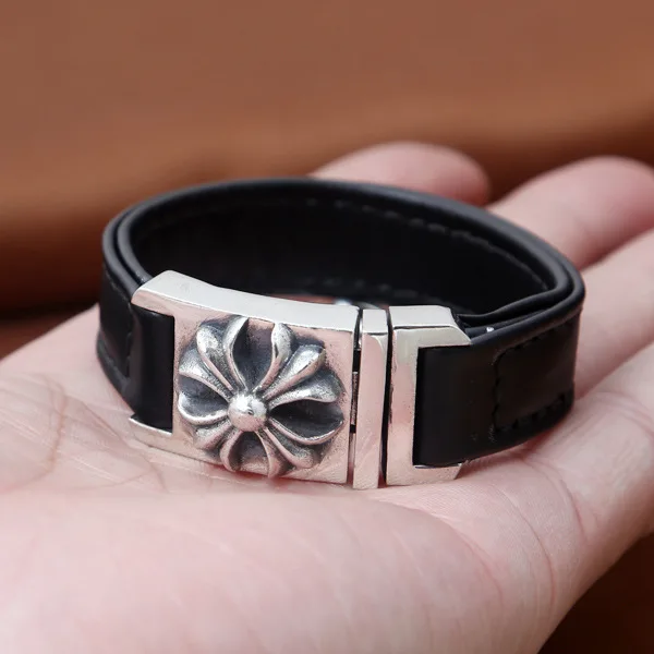 

Starfield S925 Sterling Silver Jewelry Personality Retro Thai Silver Cross Army Flower Buckle Trend Bracelet&Bracelet Homme