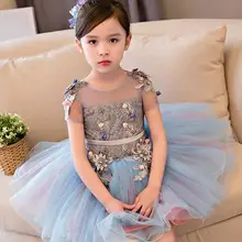 Высококачественное нарядное платье принцессы с цветочным узором для девочек; свадебное платье с аппликацией; блестящее Голубое Кружевное Платье для девочек; платья для первого причастия