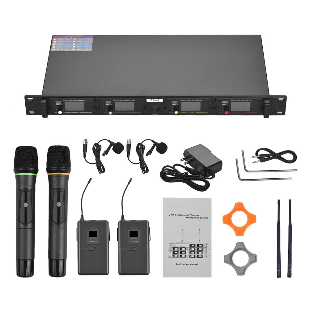 Muslady D4-3 4-канал частоты UHF Беспроводная микрофонная система 2 отворотных микрофона с передатчиками бодипака+ 2 ручной микрофон+ приемник с креплением