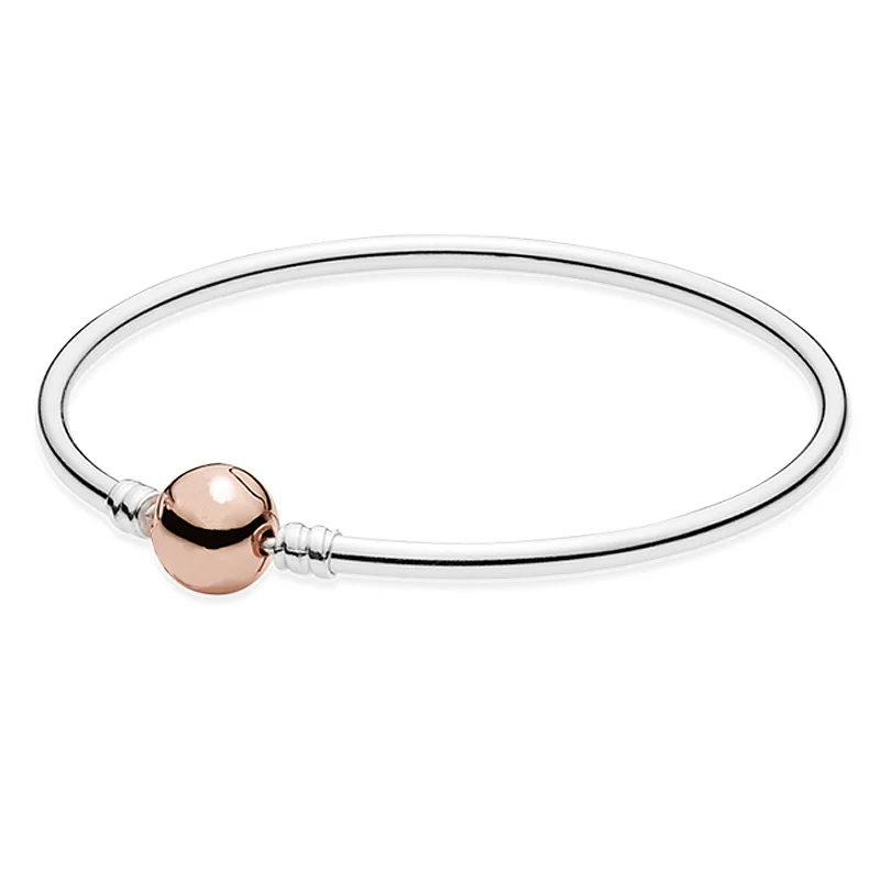 

New 925 Sterling Silver Bangle Rose & Gold Ball Circular Clasp Suitable Bracelet Bangle Fit Women Bead Charm Diy Fine Jewelry