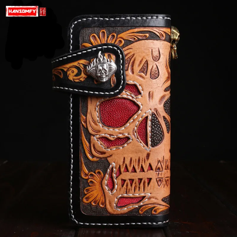 

Handmade genuine leather men wallet retro skull wallet men's long paragraph with pant chain layer leather wallet Harley hand bag