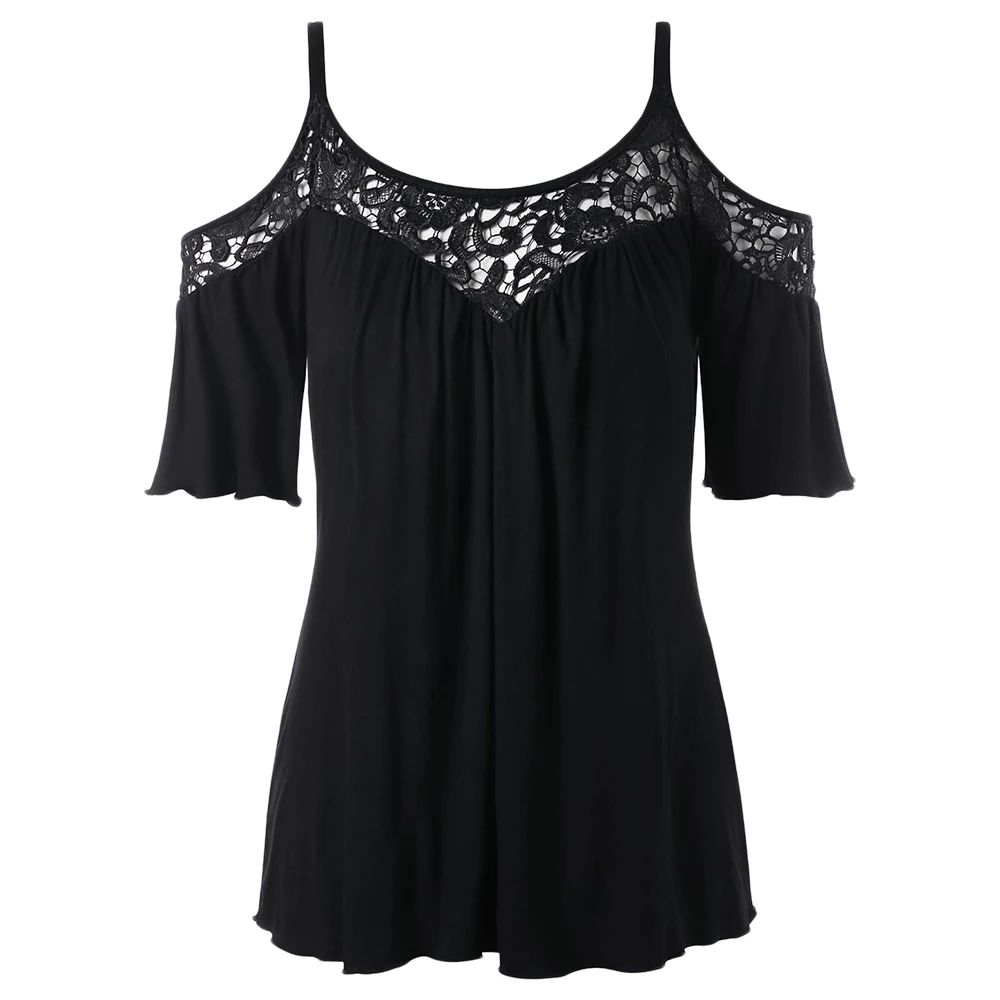 

Wipalo Lace Plus Size Tshirt Cold Shoulder Lace Insert White T-shirt Women Summer Top 2018 Blusas Feminina Female Clothing