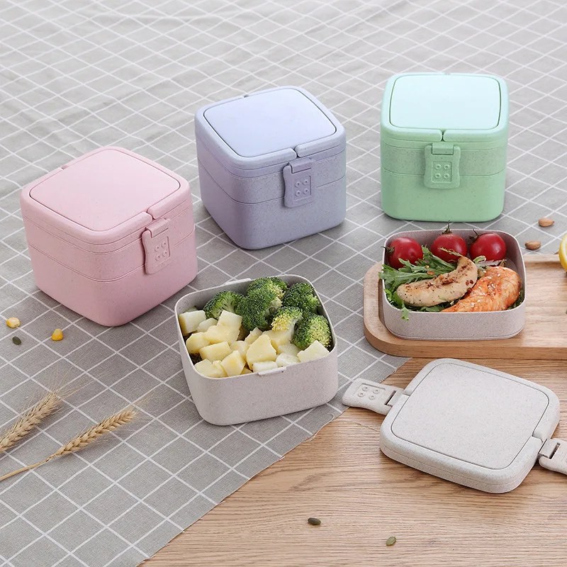 

Square Lunch Box With Bag Eco-friendly Wheat Material High Capacity Rectangle Microwave Heated Bento Box Kid Food Container