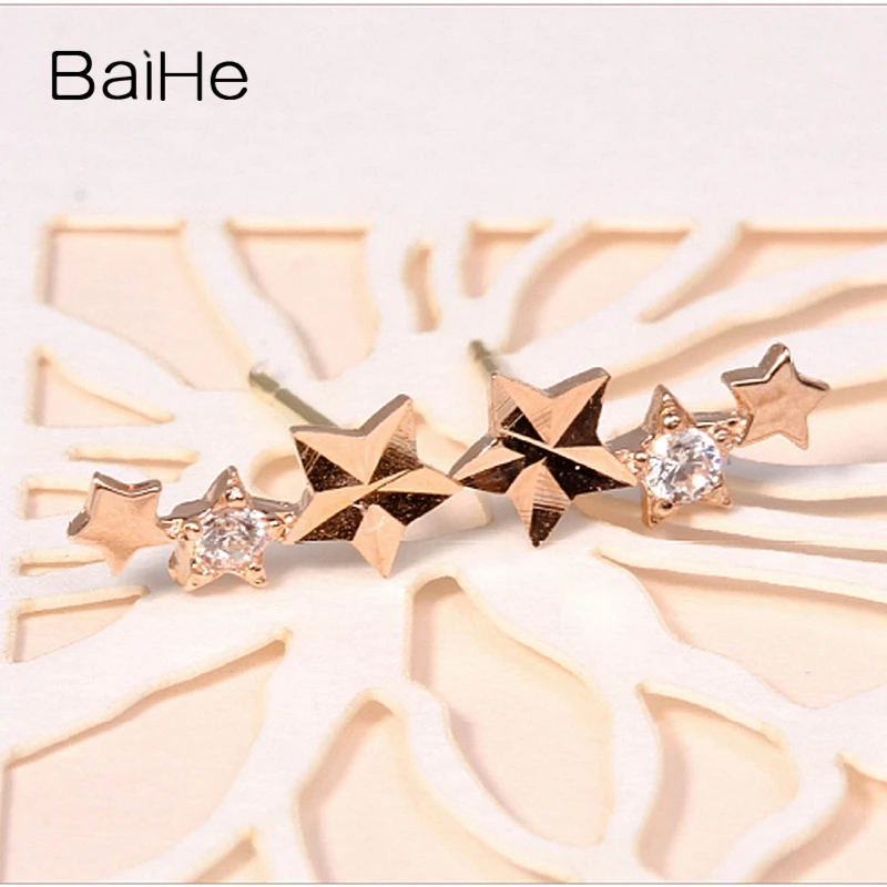 BAIHE Твердые 18 К розовое золото 0.03CT H/SI круглый из натуральной бриллиантами свадебные мода ювелирные изделия Элегантный уникальные серьги-гвоздики