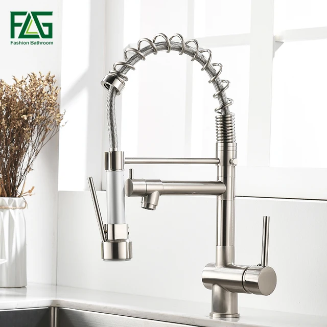 Special Offers FLG Spring Kitchen Faucet Swivel Side Sprayer Dual Spout Kitchen Mixer Tap Brushed Nickel Kitchen Sink Faucet 360 Rotation