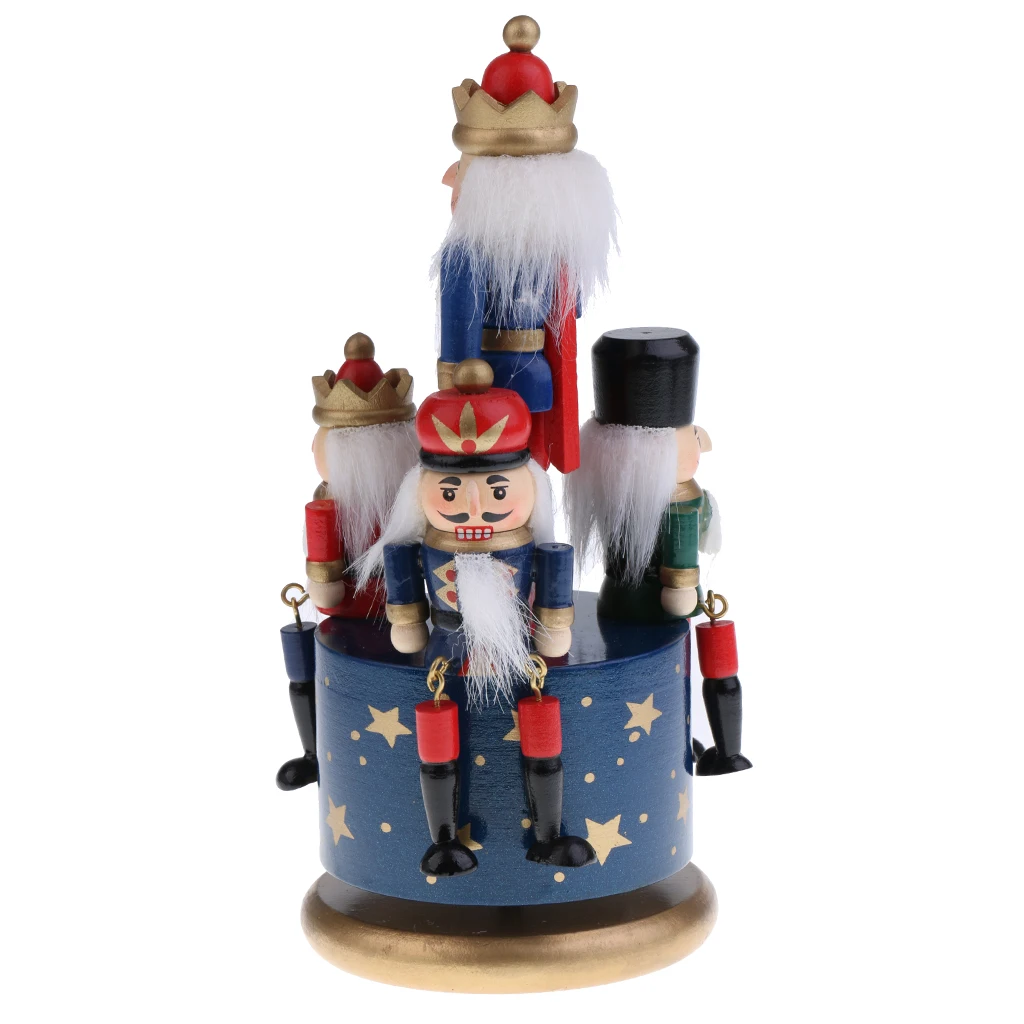  Handmade Wooden Nutcracker Music Box w/ 4 Soldiers on Base for Home Ornament Table Decorations Christmas Decor Display Gift Toy
