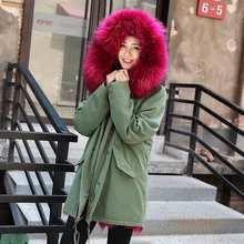 2016 women’s army green Large natural raccoon fur collar hooded long coat parkas outwear fox fur lining thick warm winter jacket
