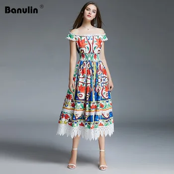 

Runway Dresses 2019 High Quality Designer Women Summer Bohemian Floral Printed Lace Patchwork Pleated Midi Dress vestidos