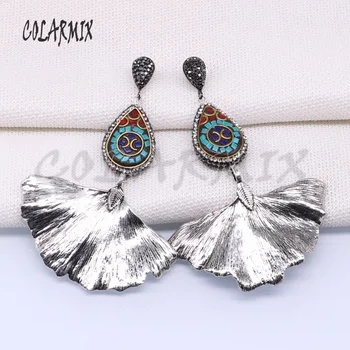 

3 pairs natural Ginkgo leaf earrings Tibetan silver with Tibetan beads wholesale jewelry earrings wholesale earrings 3883