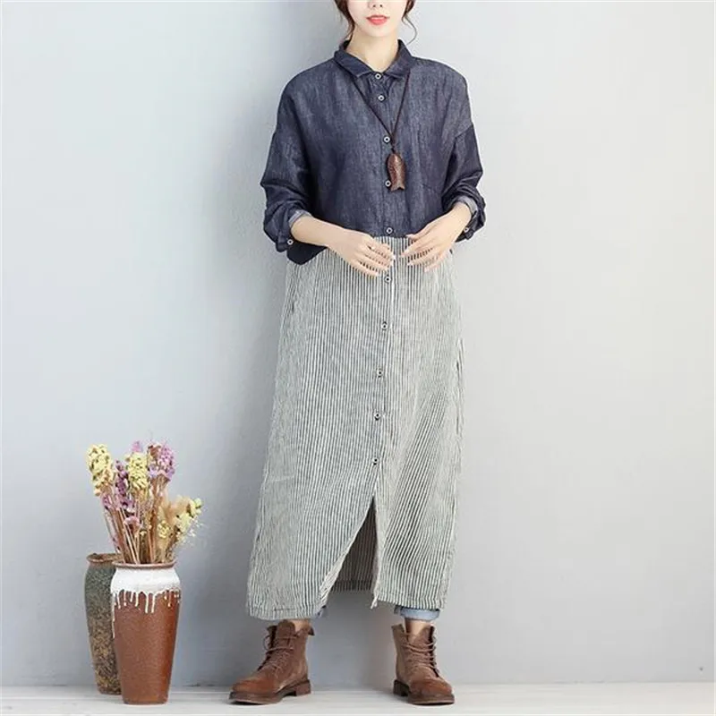 BUYKUD Casual Loose Striped Women Dresses Polo Collar Single Breasted Long Sleeve Pockets Blouse Dress Elegant Office Lady Dress Dresses