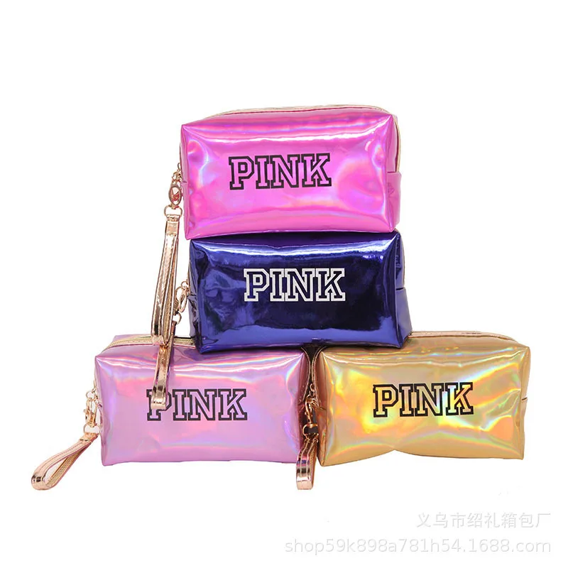 

PINK laser cosmetic bag simple portable large capacity storage bag clutch bag octagonal waterproof mini lady purse Cosmetic Case