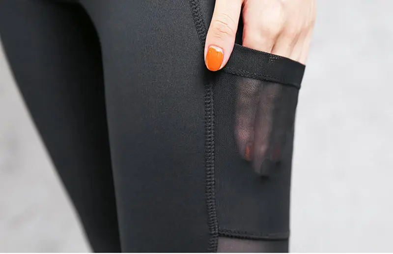 Women Pocket Fitness Yoga Pants Gym Running Tights Mesh Transparent Sport Leggings High Waist Sportswear Elastic Splice Trousers (15)