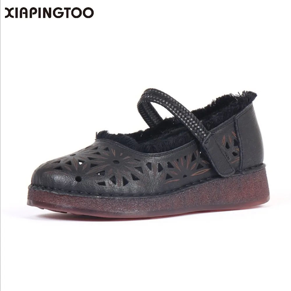 

Women' s Sewing Cow Natural Leather Flats Casual Summer Round Toe Shallow Rubber Hollow Hook & Loop comfortable Shoes For Women