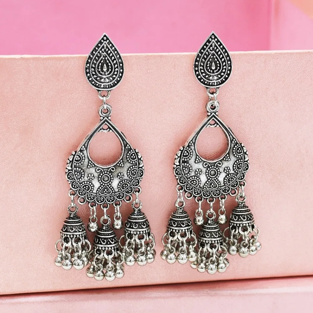 

India Gypsy Women Tribal Jhumka Carved Flower by Ancient Silver Long Earrings BOHO Hippie Style Retro Jewelry Pakistan Turkish