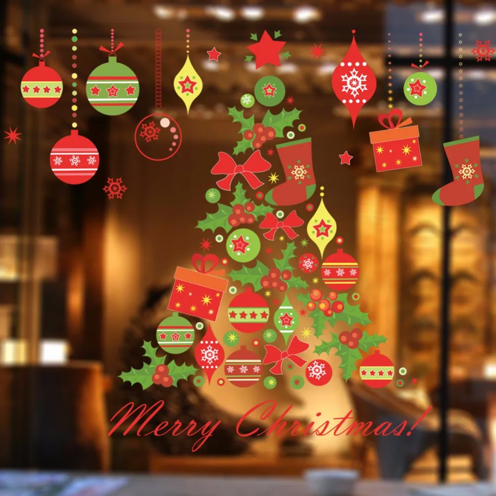 Christmas Tree Gift Bells Wall Sticker Decals Party Store Window Decoration New Year Home Decor Poster Mural