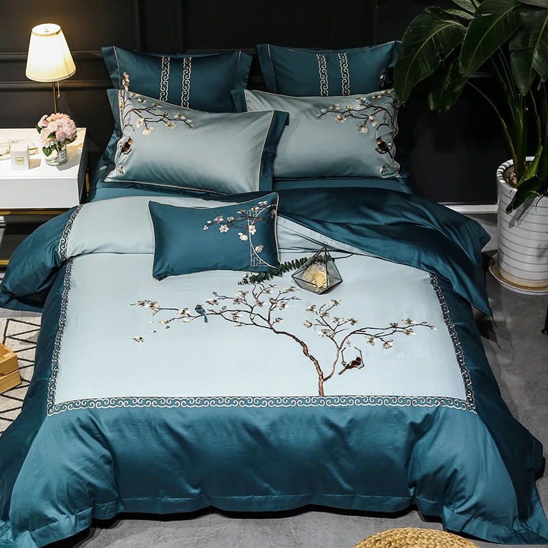 4 7pcs Green Bedding Set Soft Egyptian Cotton Bed Linen Duvet