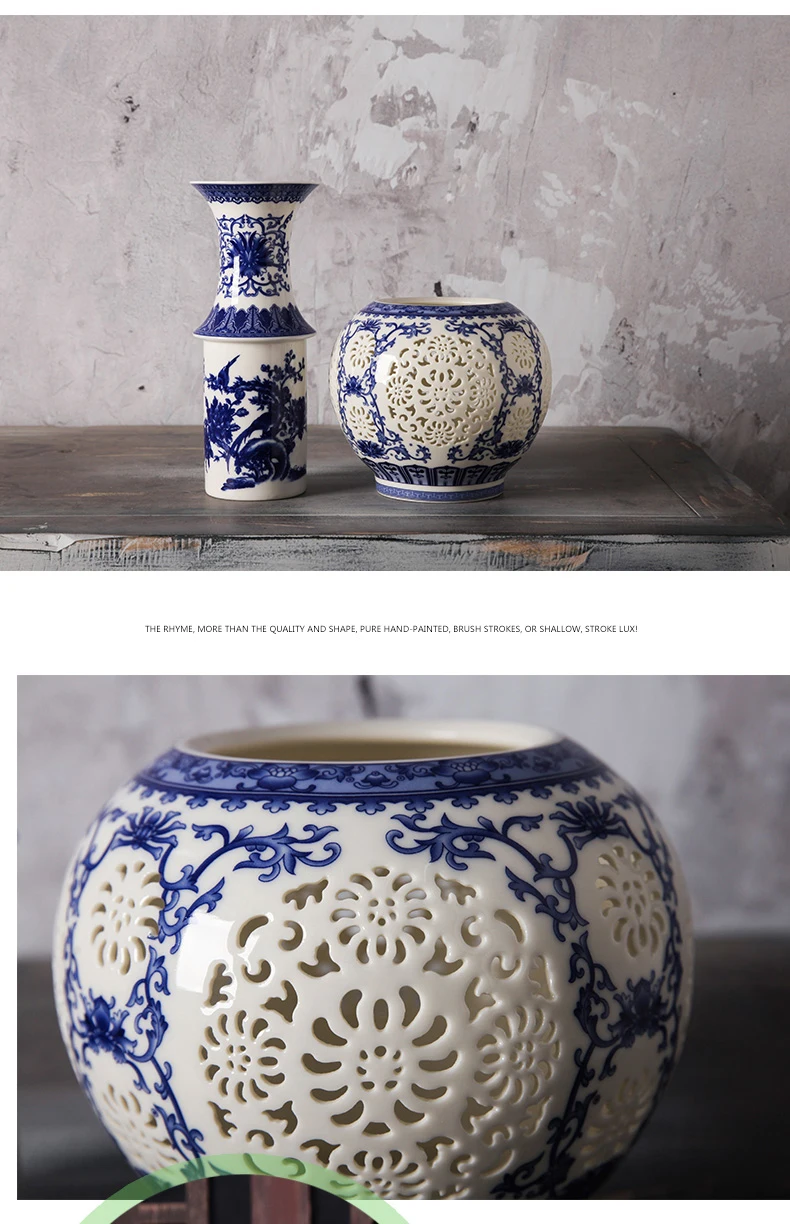 Цзиндэчжэнь пустотелая керамическая ваза, китайская синяя и белая ваза для пирсинга, украшение для гостиной, фарфоровая ваза для цветов
