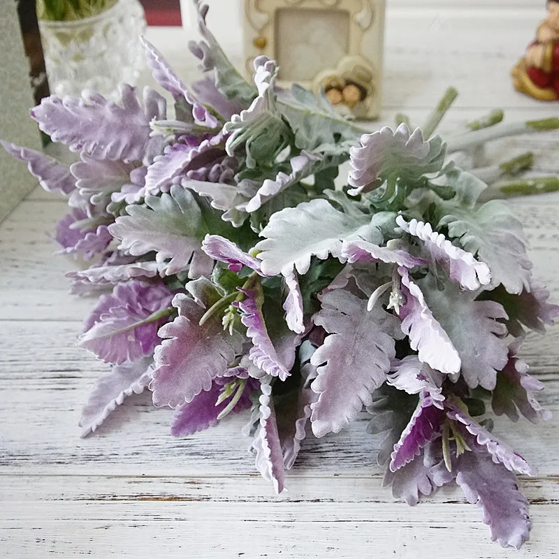 

Artificial plants flocking senecio cineraria leaf branch diy dusty miller leaves home wedding floral arrangement decoration