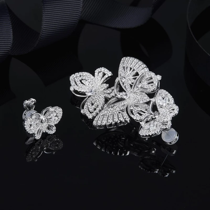 

S925 Sterling Silver Asymmetric Silver Inlay Zircon Butterfly Stud Earrings Fits APM Monaco Jewelry with Women's Gift