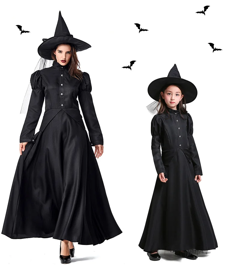 S-L обувь для девочек черная ведьма халаты Cosplays Дети Хэллоуин волшебница костюмы Карнавал Пурим сценическое шоу платье для маскарада