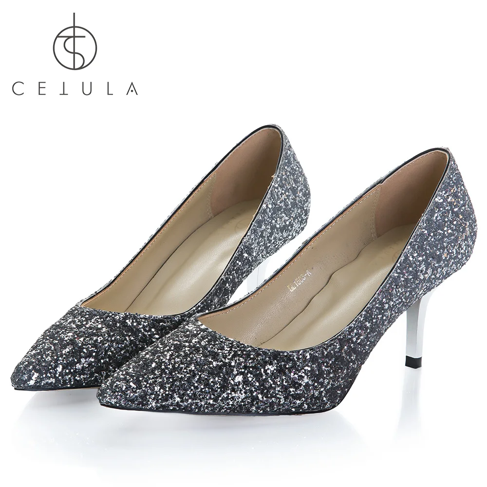 

Cetula 2018 Handcrafted GOLD Metal Kitten Heel Silver-Grey Glitter WEDDING/BANQUET/PARTY/EVENING/COCKTAIL Female Slip-on Shoes