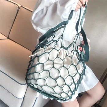 

Fashion Women's Large Shoulder Bags Leather and Canvas Tote Hobo Ladies Hollow 2 pieces Shoulder Bag Handbag