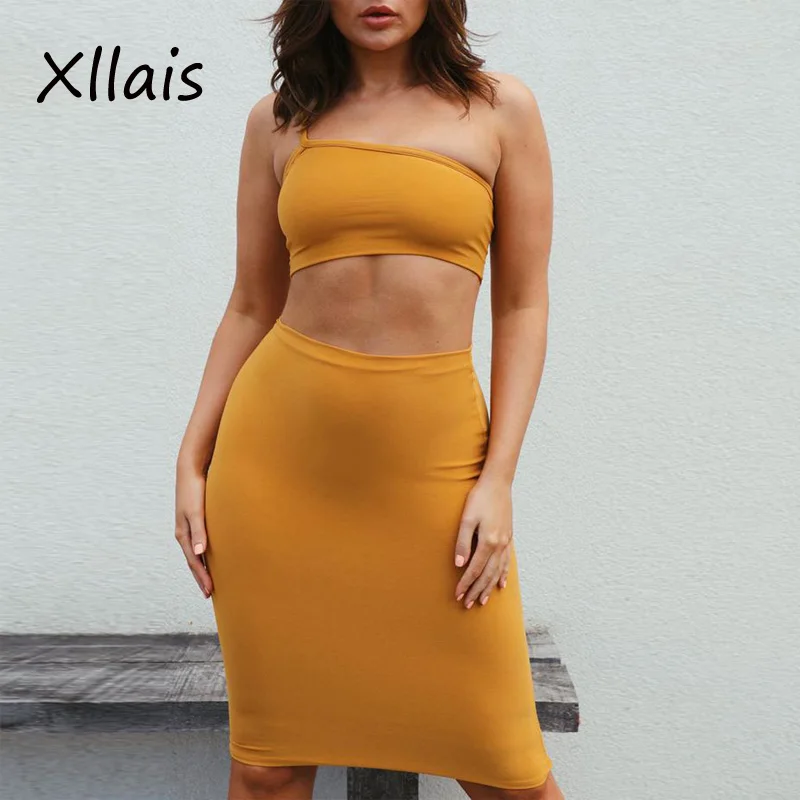 

XLLAIS Women Sets Yellow Sleeveless Crop Tops and Bodycon Pencil Skirts Two Piece Sets Snug Fabric 2 Piece Set Womens Outfits