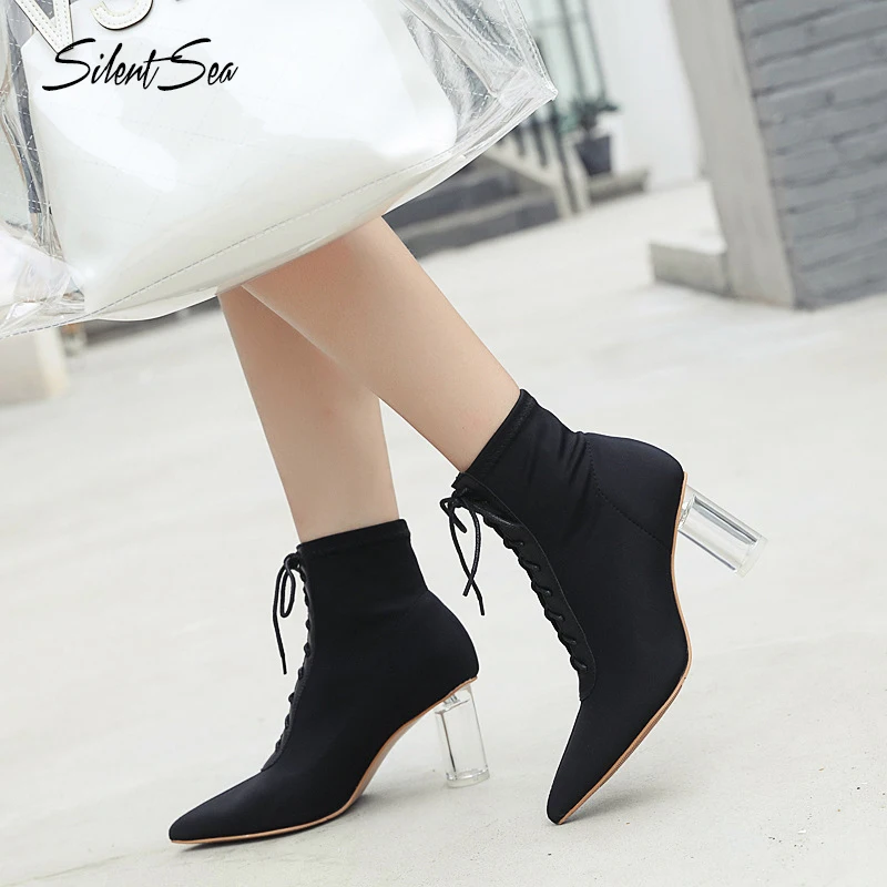 

Silentsea Women Boots Pointed Toe Fashion Spike High Heels Shoes Strap Design Flock Boots Sexy shoes