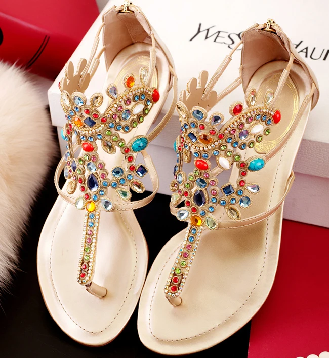 fashion 2014 new Bohemia Rhinestone women sandals Rome jewels flat