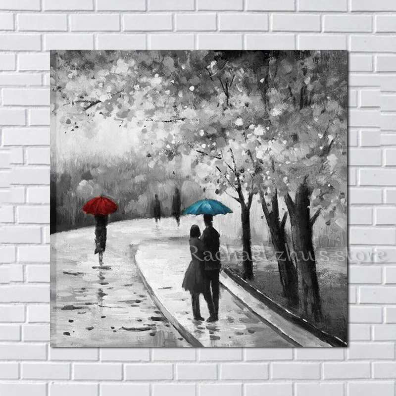 

Modern Handpainted Abstract Couples in Park Landscape Rainy Oil Paintings On Canvas Wall Picture For Home Decoration Wall Decor