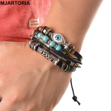 Punk Pulsera de Cuero de Estilo Étnico Multicapa Negro Ajustable wrap Turco Mal De Ojo Pulsera Del Encanto de la Pluma Fina Joyería 21.5 cm(China (Mainland))