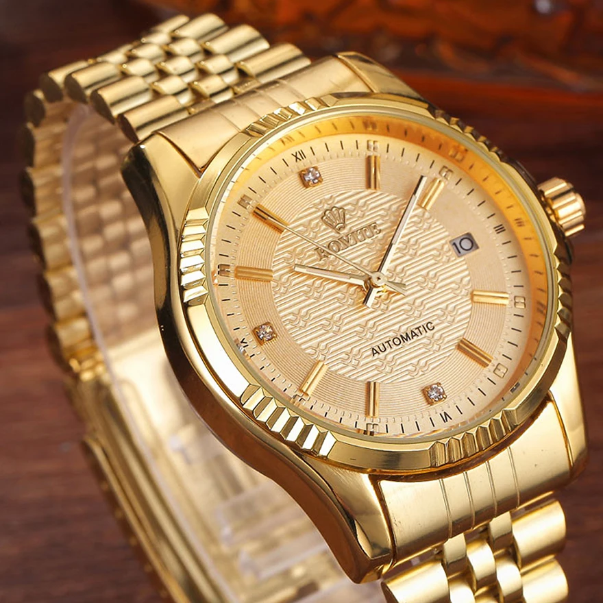 Роскошные золотые модные мужские часы, повседневные часы с кристальным циферблатом и датой, автоматические механические Спортивные наручные часы из нержавеющей стали для мужчин, подарки