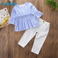 Детская одежда марки wisefin Комплекты летней одежды Одежда для маленьких девочек; футболки в полоску + джинсы брюки детская одежда детские