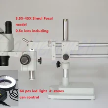 FYSCOPE микроскоп 3.5X-45X Simul-Focal микроскоп двойной стрелы стенд Тринокулярный Стерео зум микроскоп+ 64led 4 зоны управления