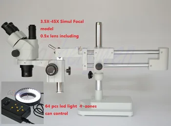 

FYSCOPE NEW Microscope 3.5X-45X Simul-Focal Microscope Double Boom Stand Trinocular Stereo Zoom Microscope+64led 4 zone control