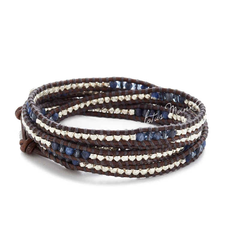 

Lotus Mann 925 silver and blue sodalite crystal ornament five laps natural dark brown leather cord bracelet