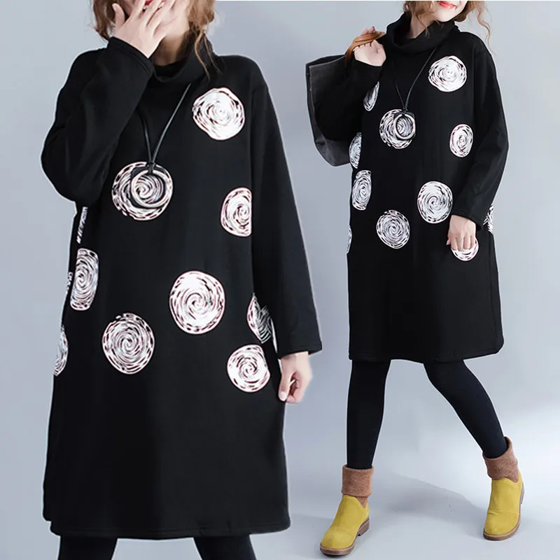 

Plus Size 4XL 2018 Autumn Winter Women Fashion Elegant Dots Tops Ladies Female Big Long Sleeve Cotton Fleece Sweatshirt Dress