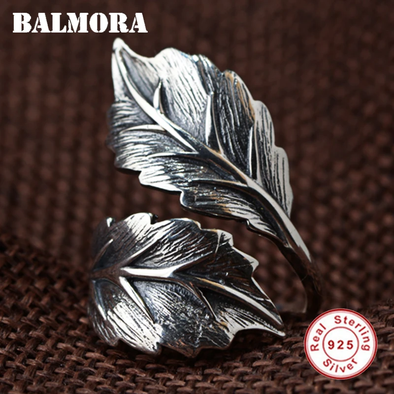 BALMORA 100% Real 925 Sterling Silver Jewelry Vintage Leaf Rings for Men Male High Quality Silver Ring Jewelry Anillos SY22071