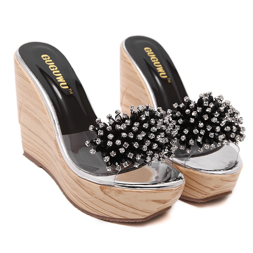 

Summer fashion pearl rhinestone fish mouth wedge sandals high heel thick transparent slippers